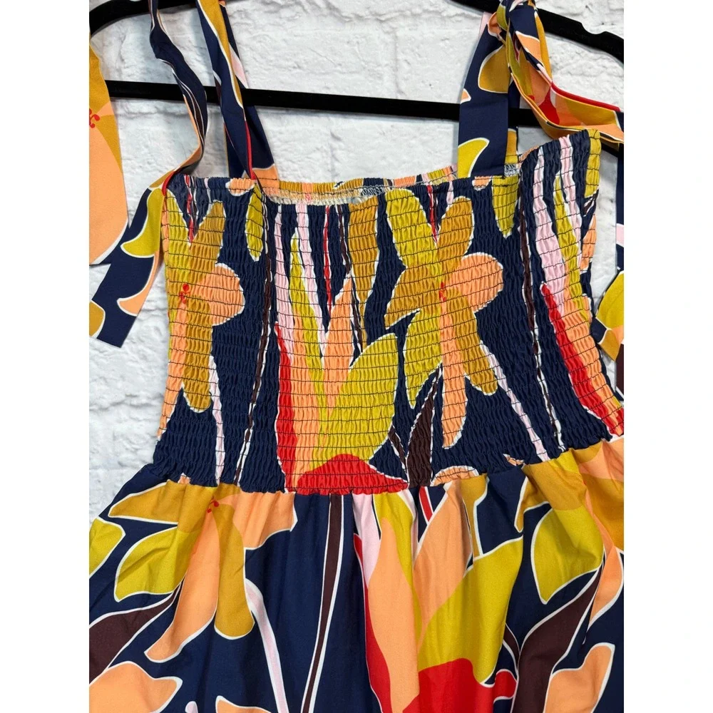 Tropical Floral Smocked Maxi Dress Tie Shoulder Tiered Navy Yellow Orange Large - Picture 3 of 3